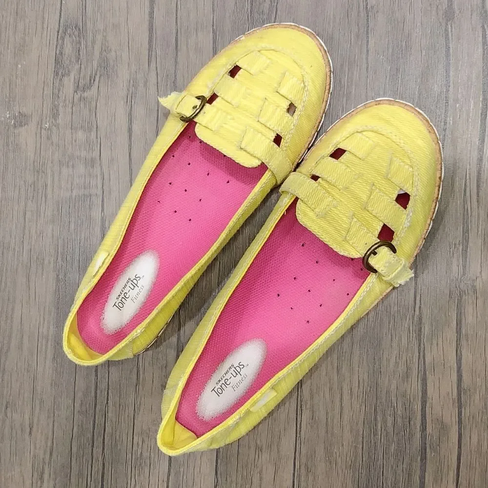 ❤️2/$18 Skechers Tone ups Finish Yellow Slip-on Round Toe Flat Shoes 8.5